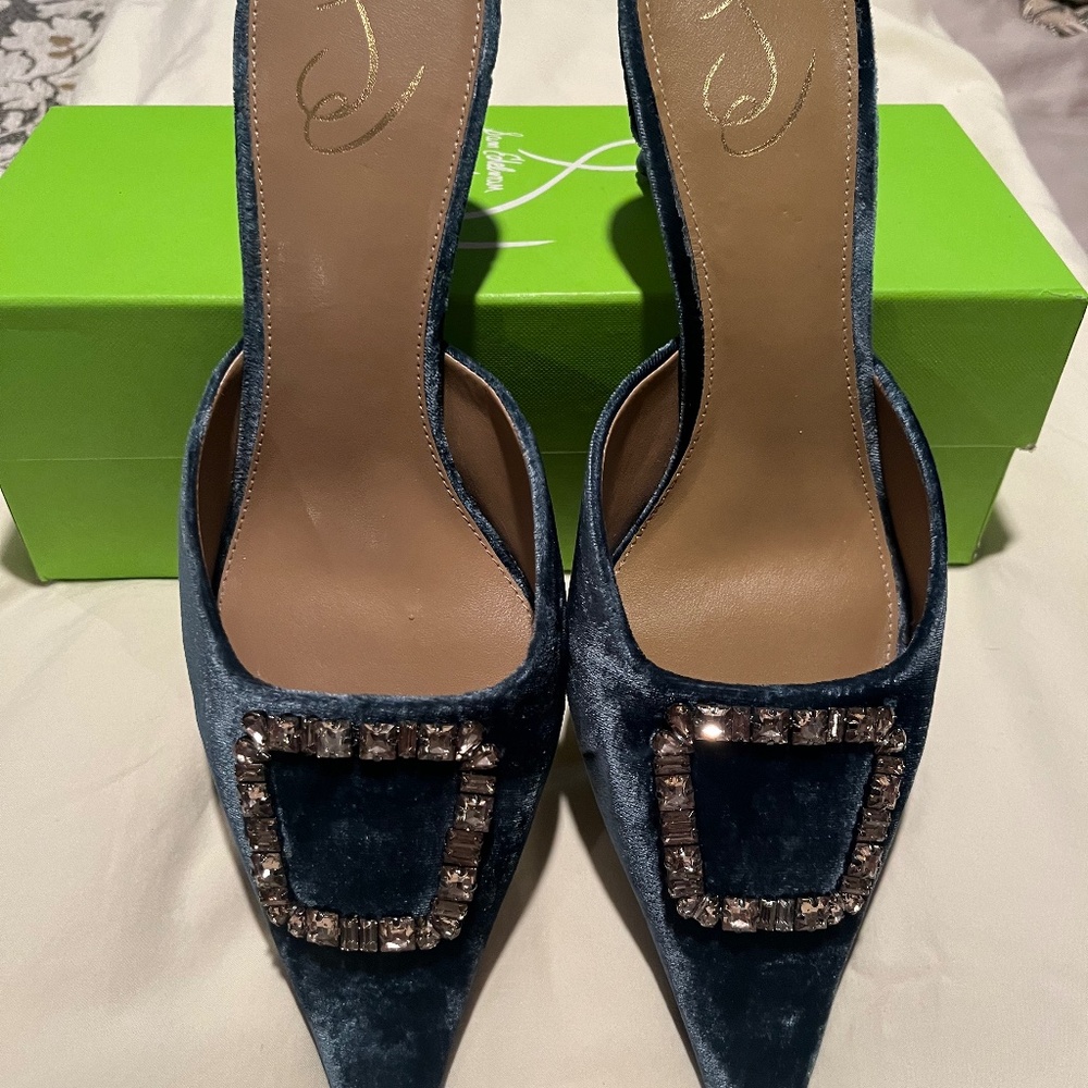Sam Edelman blue velvet jeweled mules
